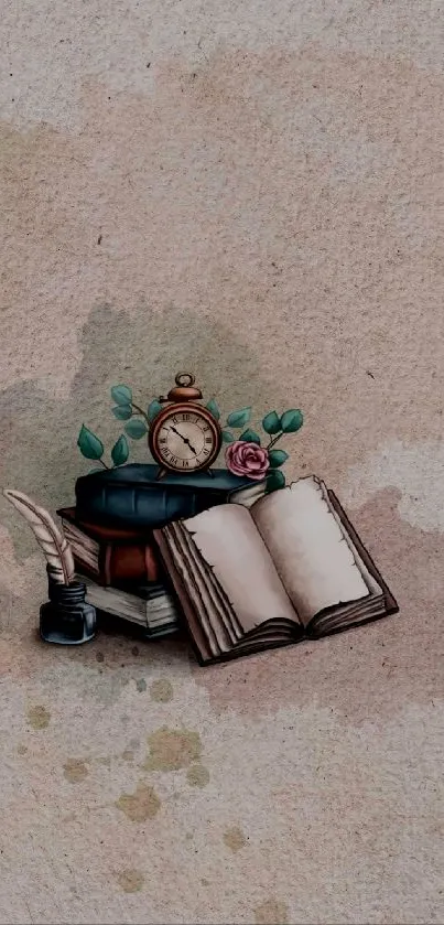 Vintage-themed wallpaper with book, clock, and pink roses.