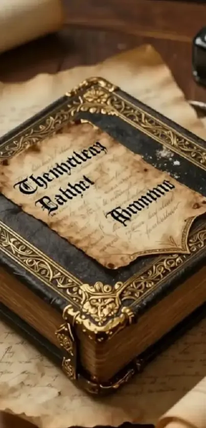 Ornate vintage book with golden details and scrolls.