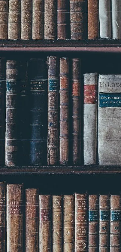 Vintage books arranged on a wooden shelf.