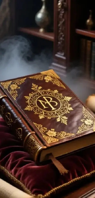 Vintage leather book with gold designs on plush velvet.