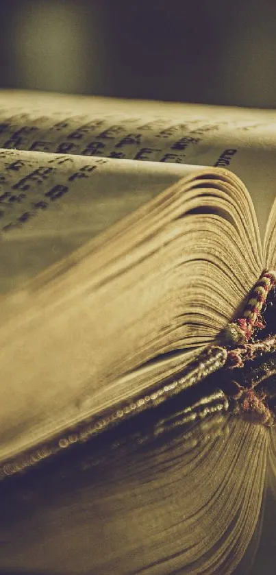 Vintage book with reflection on a glossy surface.