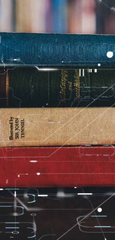 Stack of old, colorful books on a wooden table.