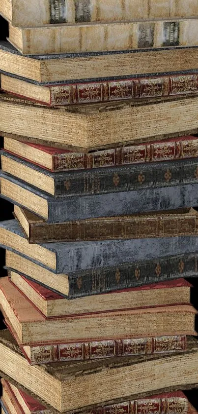 Tall stack of vintage books on a black background, classic aesthetic.