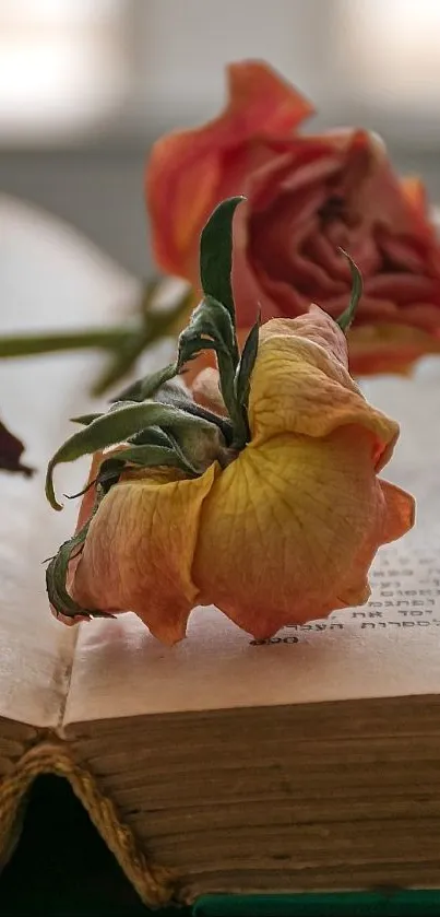 Open vintage book with dried roses on pages.