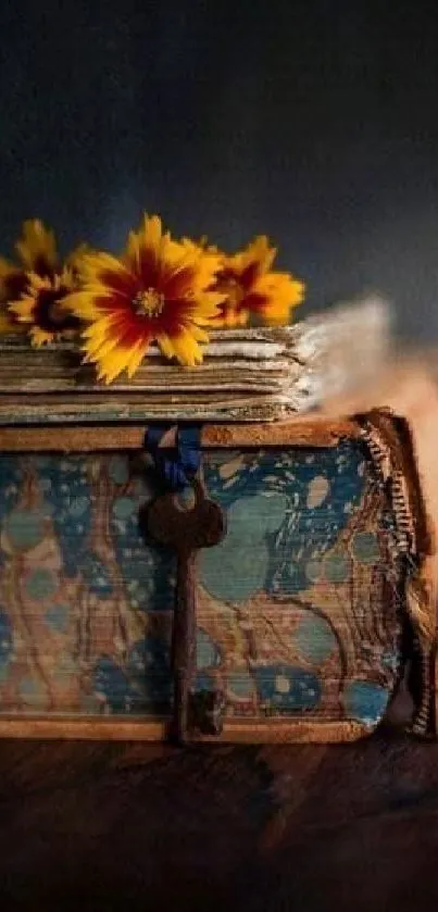 Vintage book with vibrant flowers and a rustic metal key.