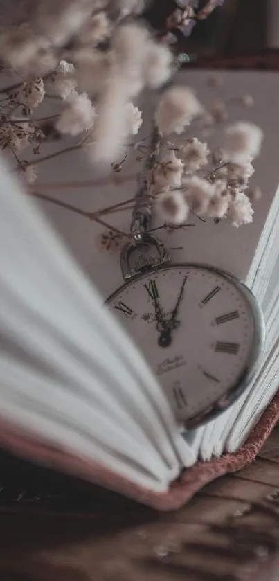 Vintage open book with pocket watch and flowers in soft lighting.