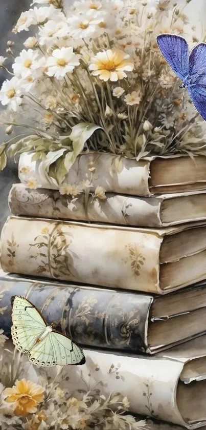 Vintage books with butterflies and daisies.