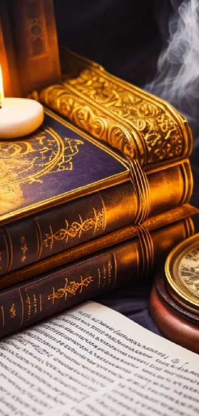 Vintage books with candlelight and golden accents in artistic setting.