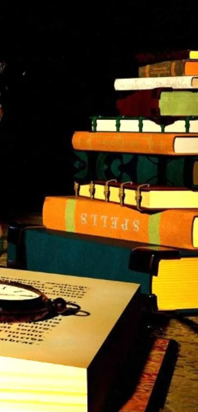 Vintage books stacked beside a classic clock in artistic wallpaper design.