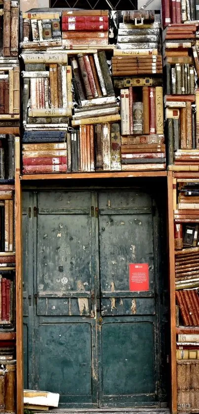 Vintage door surrounded by old books.