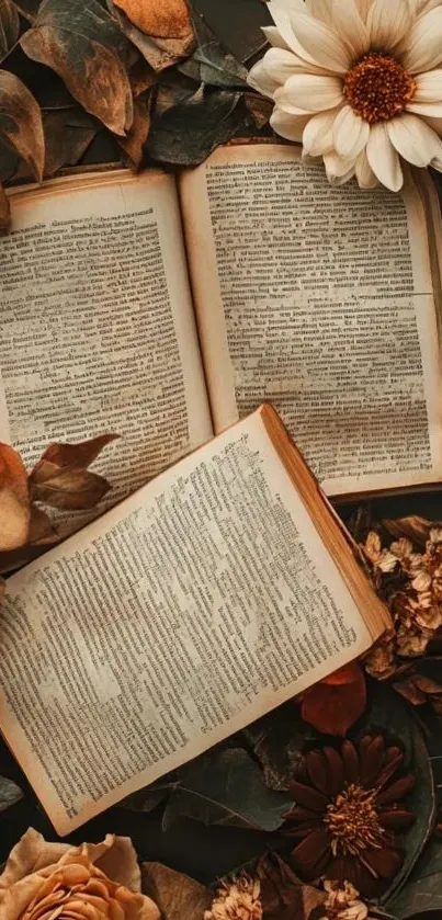 Vintage open books surrounded by dried flowers.
