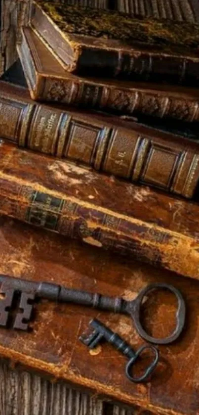 Wallpaper of antique books and rustic keys on wooden surface.