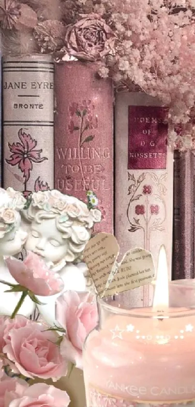 Vintage books with pink roses and angel statue in soft candlelight.