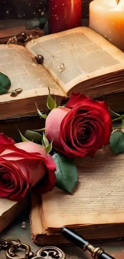 Vintage books with red roses and candles in a cozy setting.