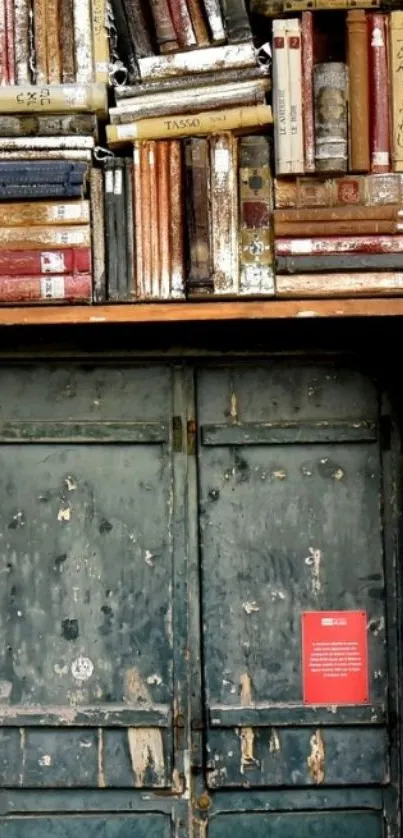 Vintage books stacked above an old door, ideal for mobile wallpaper.