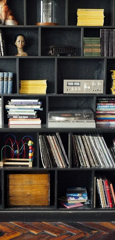 A vintage bookshelf with books, decor, and a retro vibe for a stylish background.