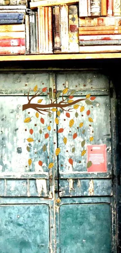 Vintage door with books and autumn leaves art.