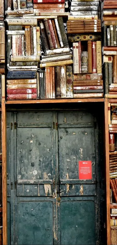 Vintage books stacked around a green door.