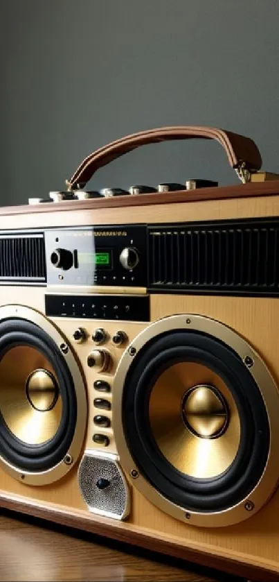 Vintage boombox with wooden finish and classic speaker design.