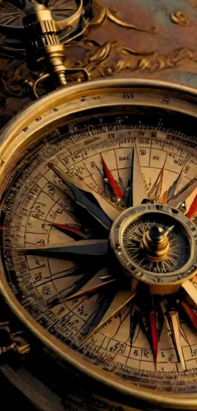 Close-up of a vintage brass compass with intricate details.