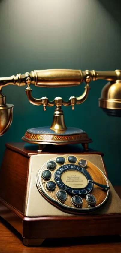 Vintage brass rotary phone wallpaper with teal background.