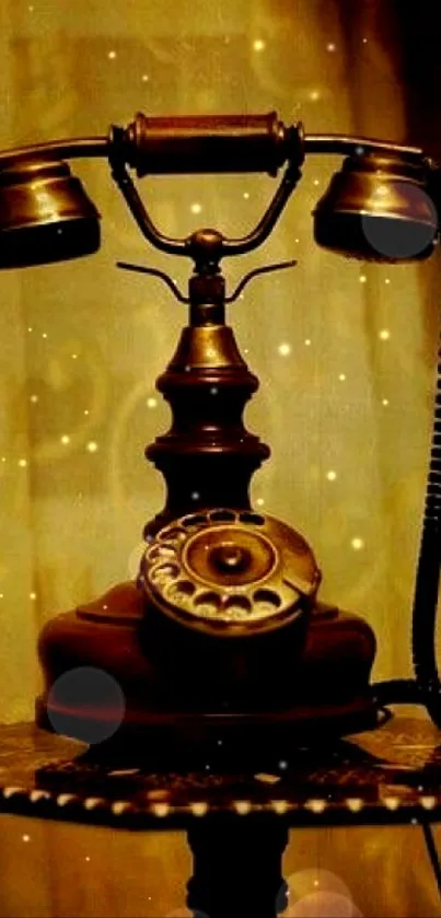 Vintage brass telephone on ornate table, sepia tones enhance nostalgia.