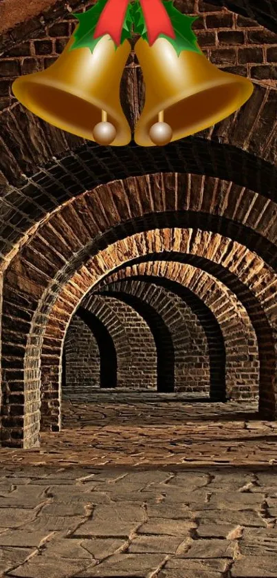 Vintage brick archway with golden bells above, creating a festive atmosphere.