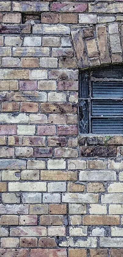 Vintage brick wall with arched window, rustic texture.