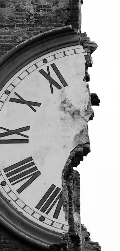 Vintage broken clock against a weathered brick wall in black and white.