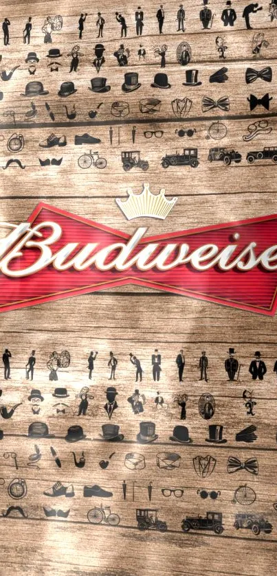 Vintage Budweiser logo wallpaper with wood texture and retro icons.