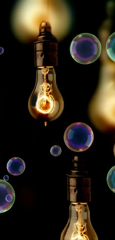 Vintage Edison bulbs with soap bubbles on black background.