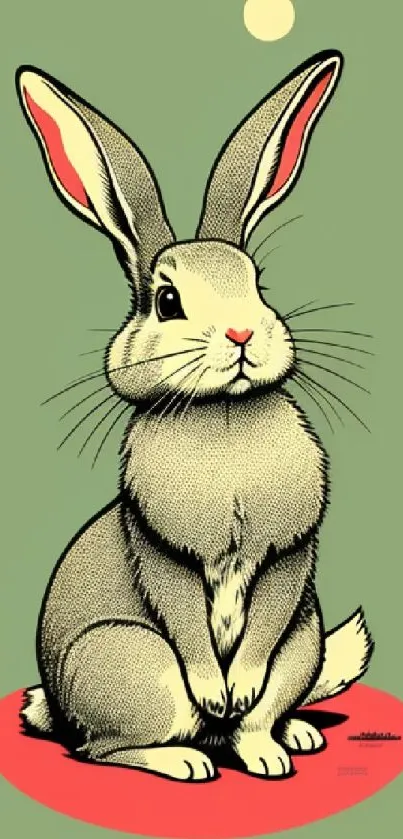 Vintage rabbit illustration on a green background with a red base.