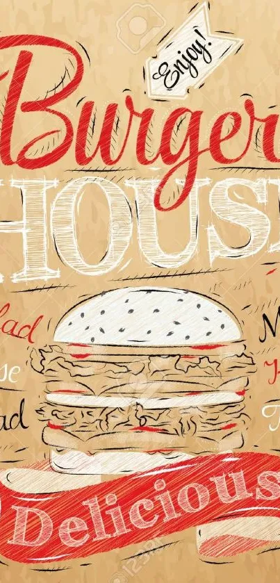 Vintage burger wallpaper with artistic typography and food-themed words.