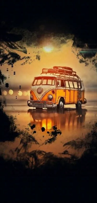 Vintage yellow bus with artistic background wallpaper.