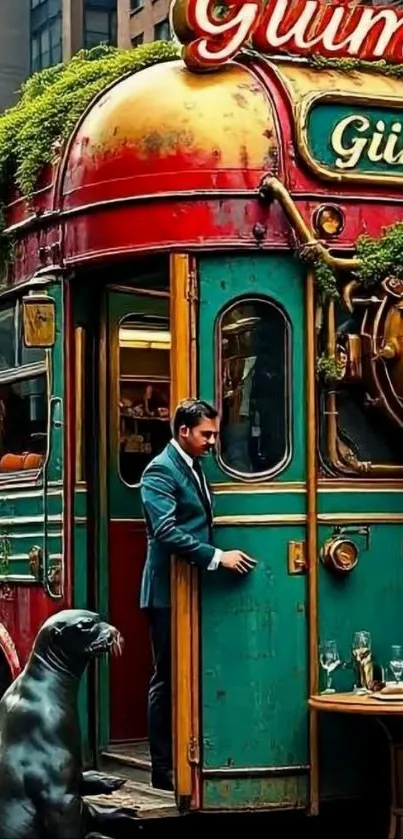 Gentleman boarding colorful vintage bus with street view.