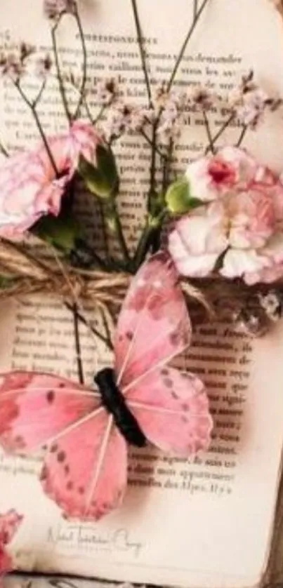 Vintage wallpaper with pink butterfly and flowers on an old book.