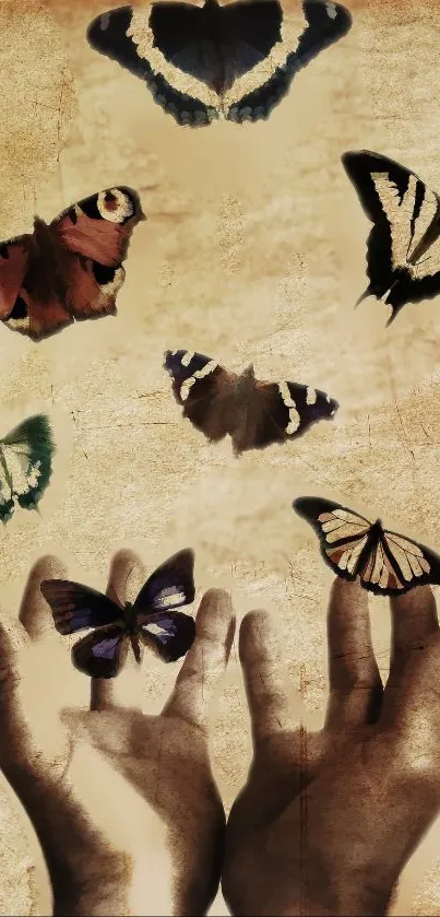 Vintage wallpaper with butterflies and hands on a beige background.