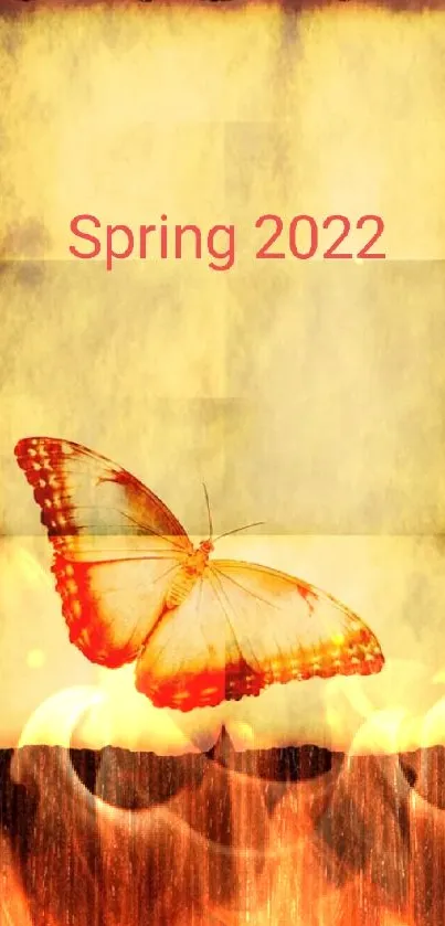 Vintage butterfly on paper with Spring 2022 text, set on dark wood background.