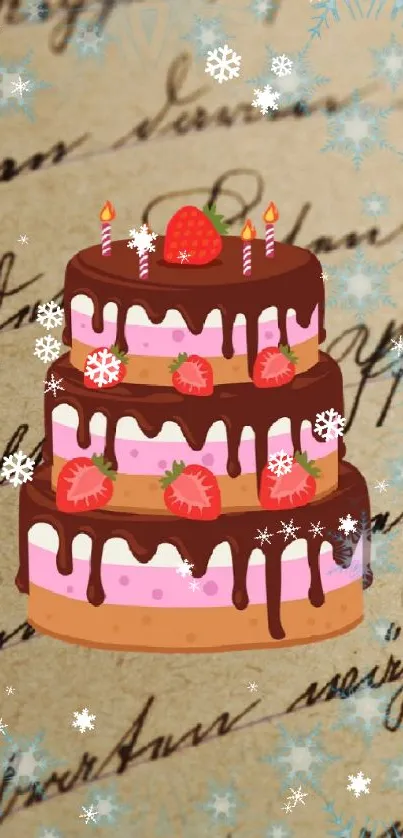 Whimsical cake on vintage script background wallpaper.