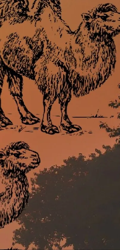 Illustrated camels on a burnt orange background.