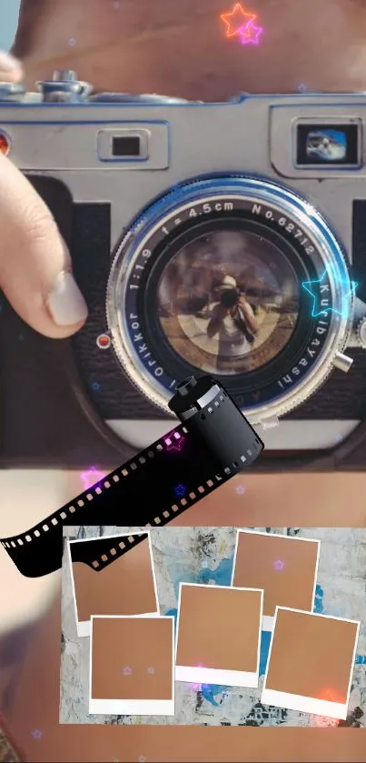 Vintage camera with film reel and polaroid images in aesthetic design.