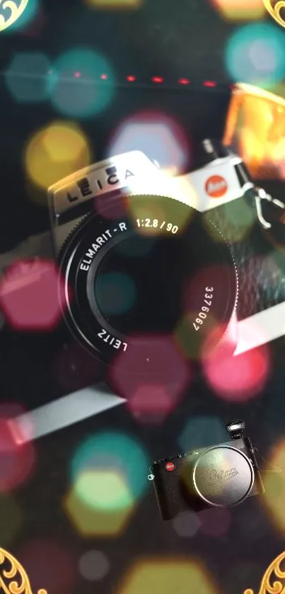 Vintage camera with colorful bokeh and ornate patterns on a dark background.