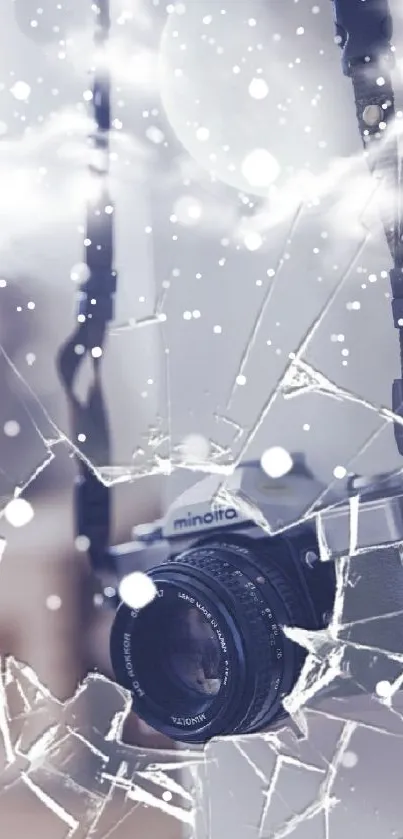 Vintage camera with cracked glass effect on aesthetic wallpaper.