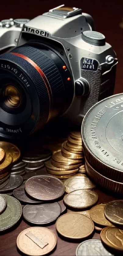 Elegant vintage camera surrounded by various coins on a wooden surface.