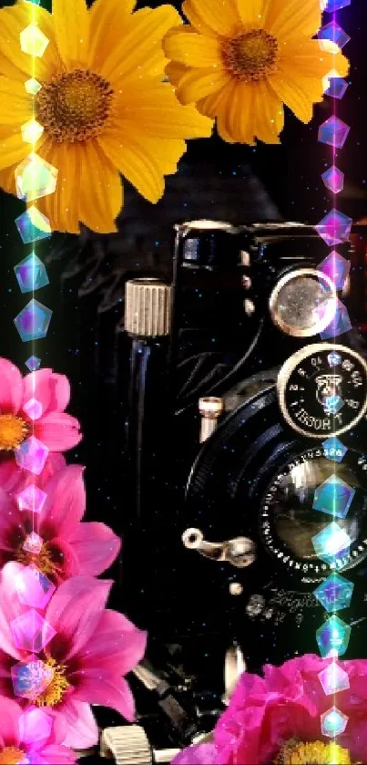 Vintage camera with colorful flowers and photos.