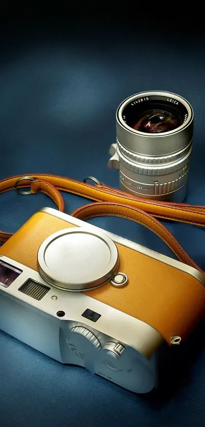 Vintage camera with lens on a blue background wallpaper.