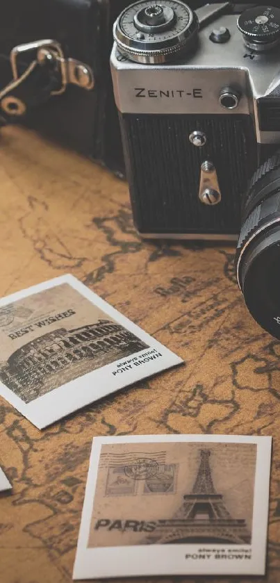 Vintage camera on a map with travel photos, evoking a sense of adventure.