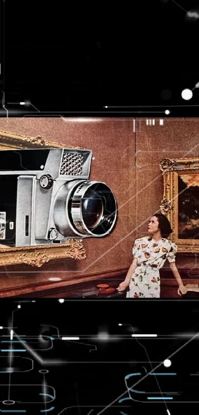 Vintage art wallpaper with a large retro camera framed as a painting.