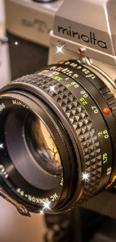 Close-up of vintage camera lens with sparkling details.