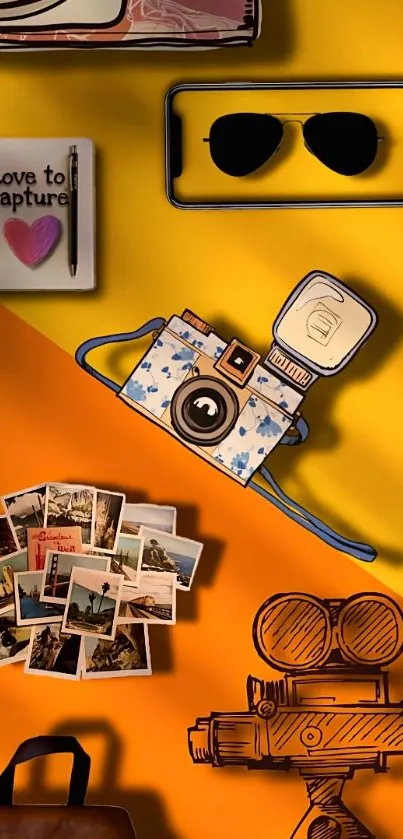 Vintage camera collage with orange and yellow background.